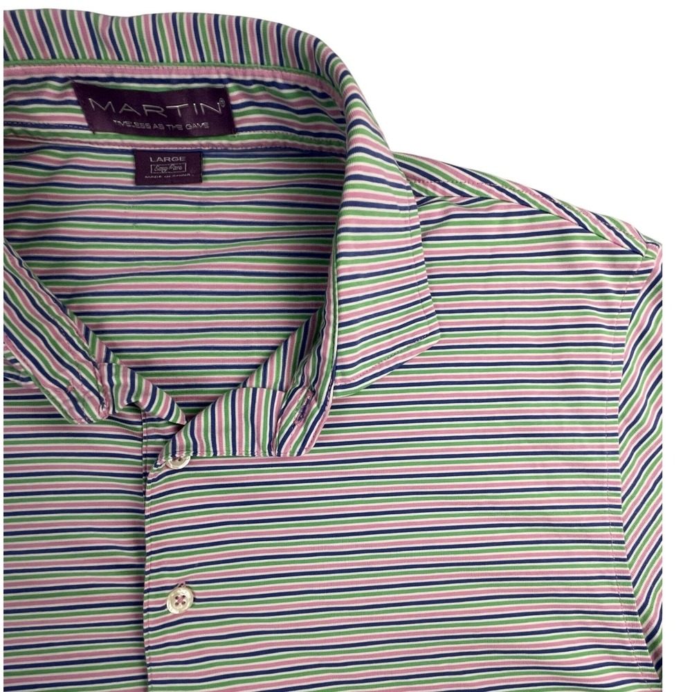 Martin Polo Shirt Mens Large Multi Color Striped Easy Care Short Sleeve Golf